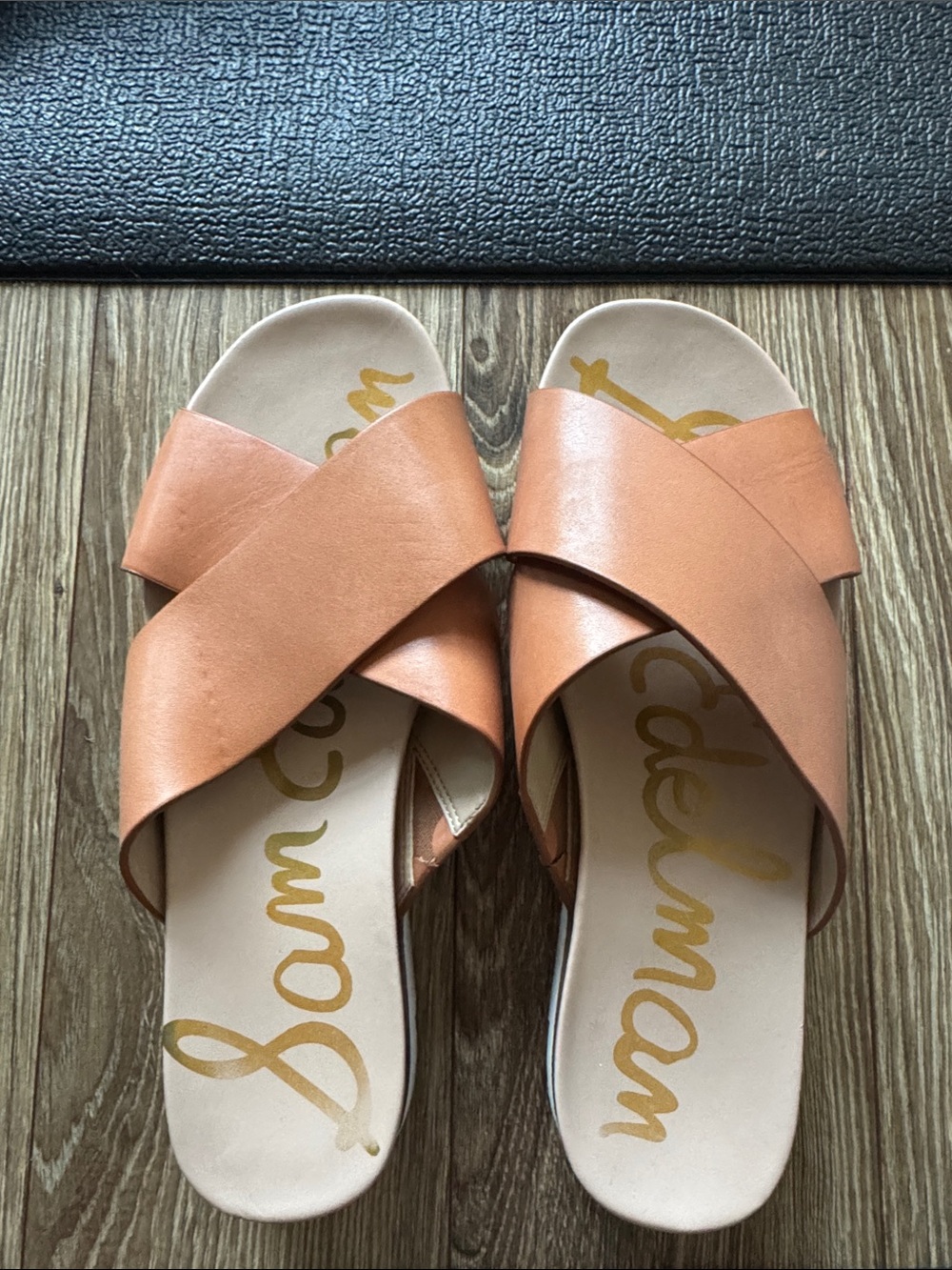 Sam Edelman Leather Crossband Slide Sandals in Tan